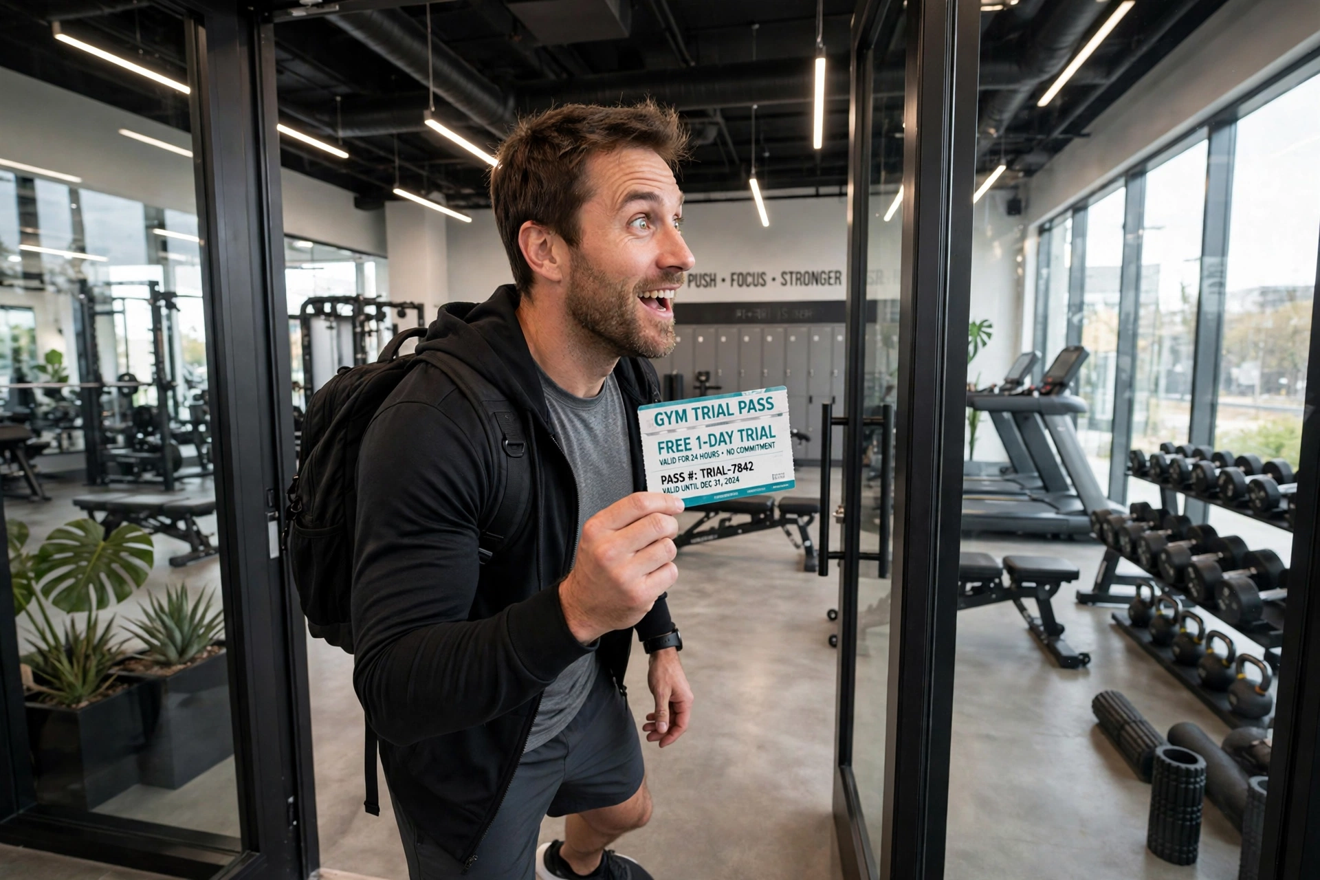 Man holding LA Fitness trial pass entering gym
