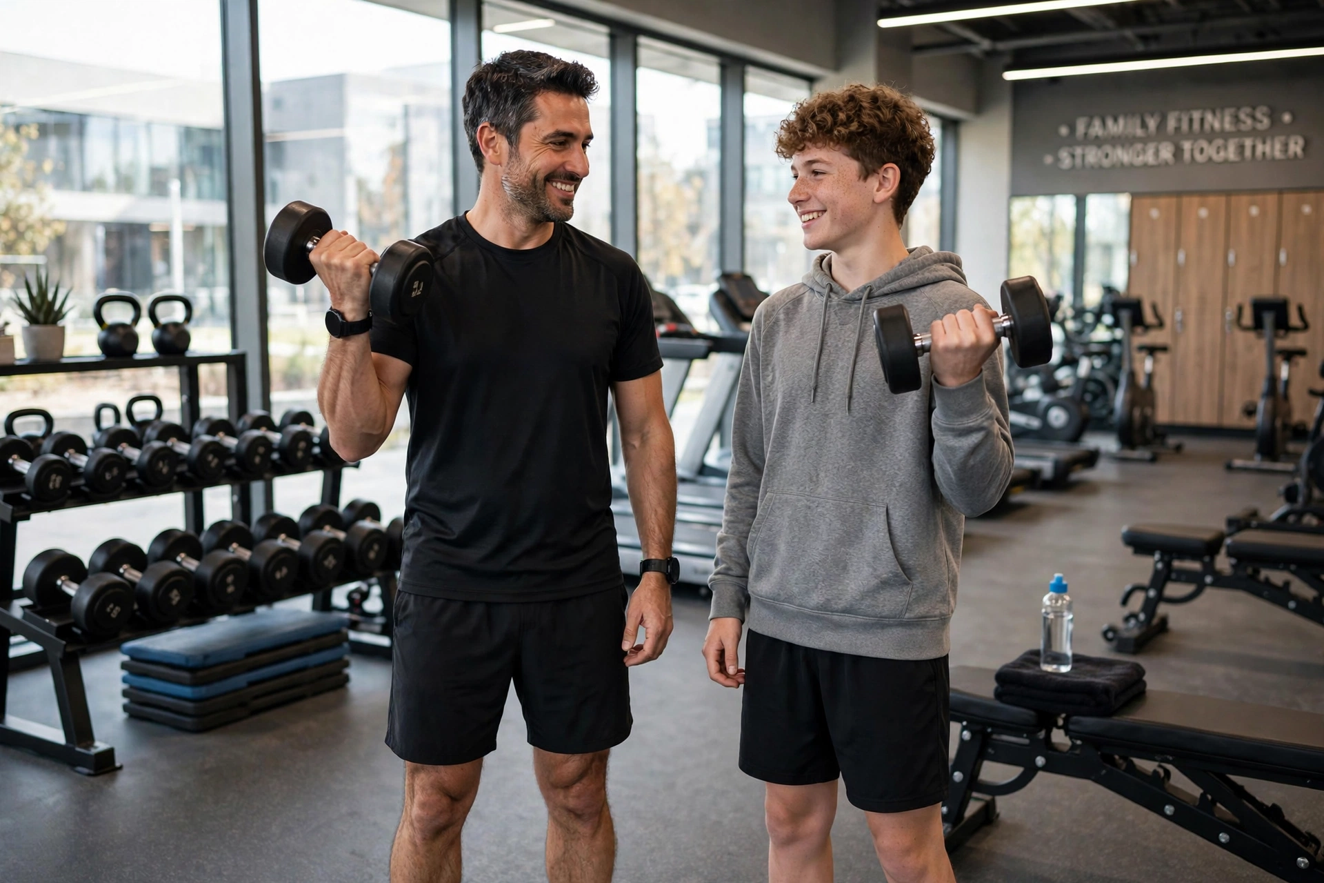 Father and teenage son working out together at LA Fitness