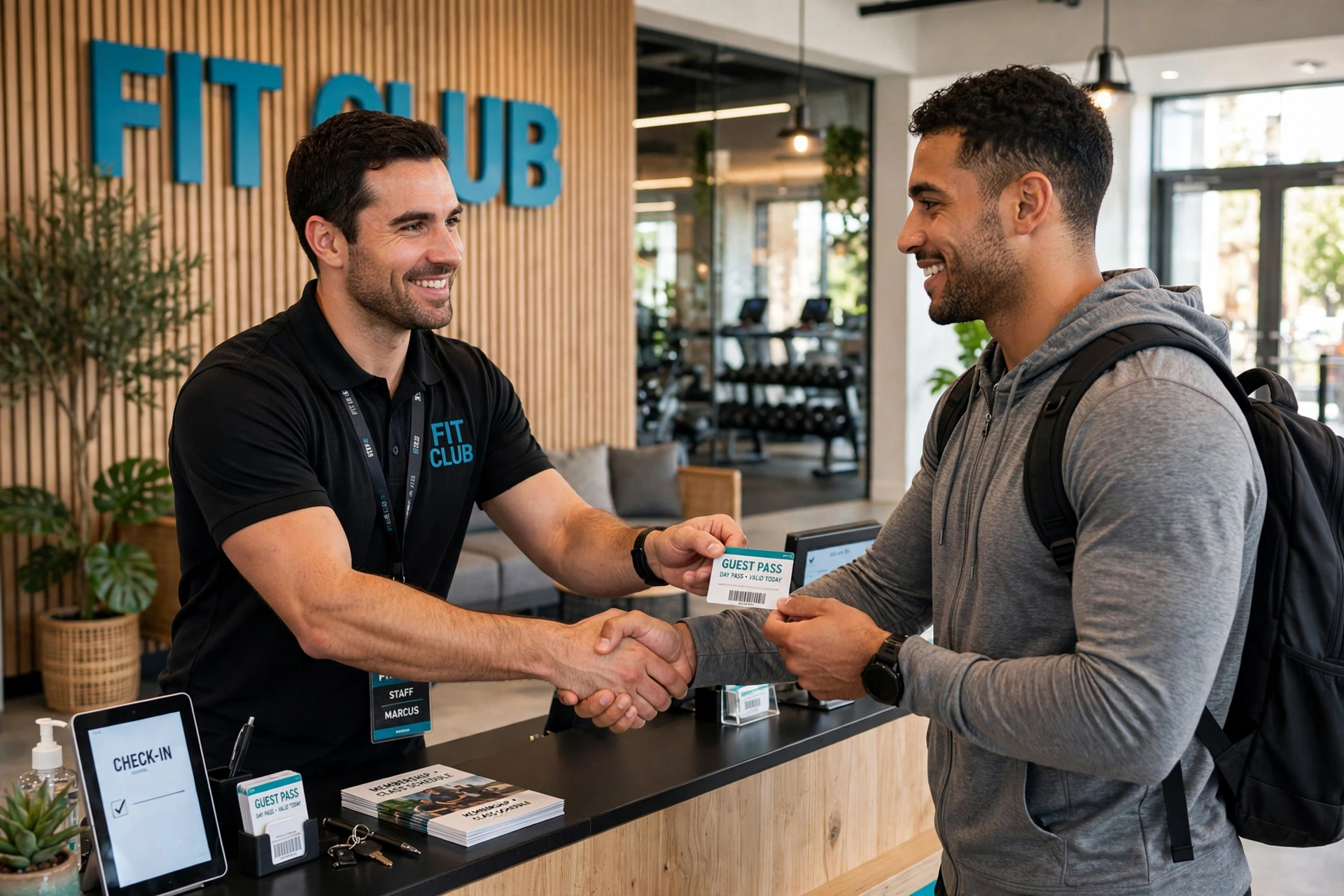 Two men at LA Fitness reception desk with guest pass