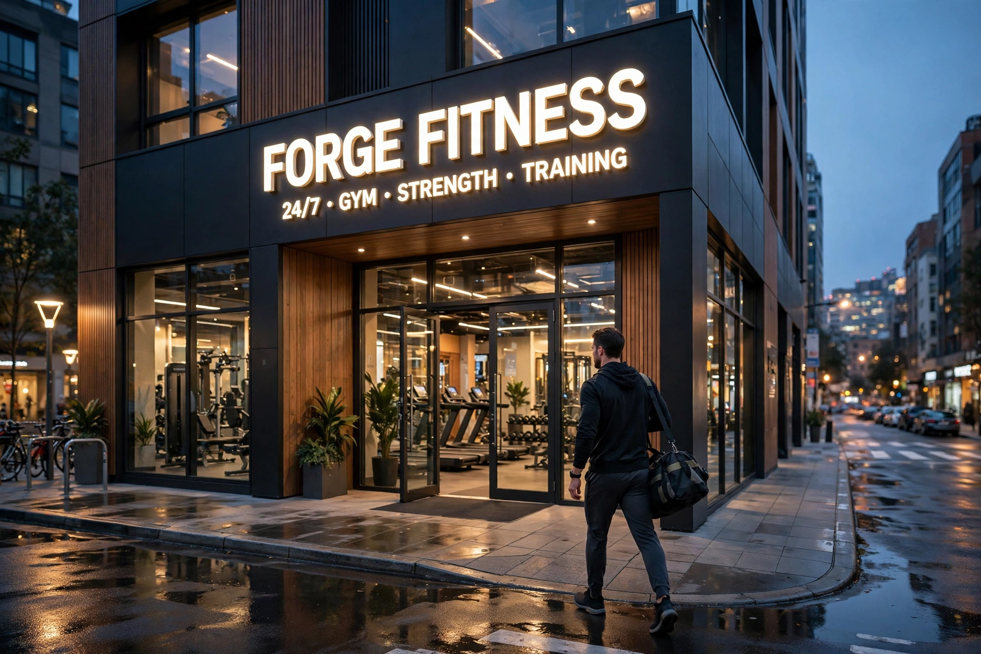 Man walking into LA Fitness club building at dusk