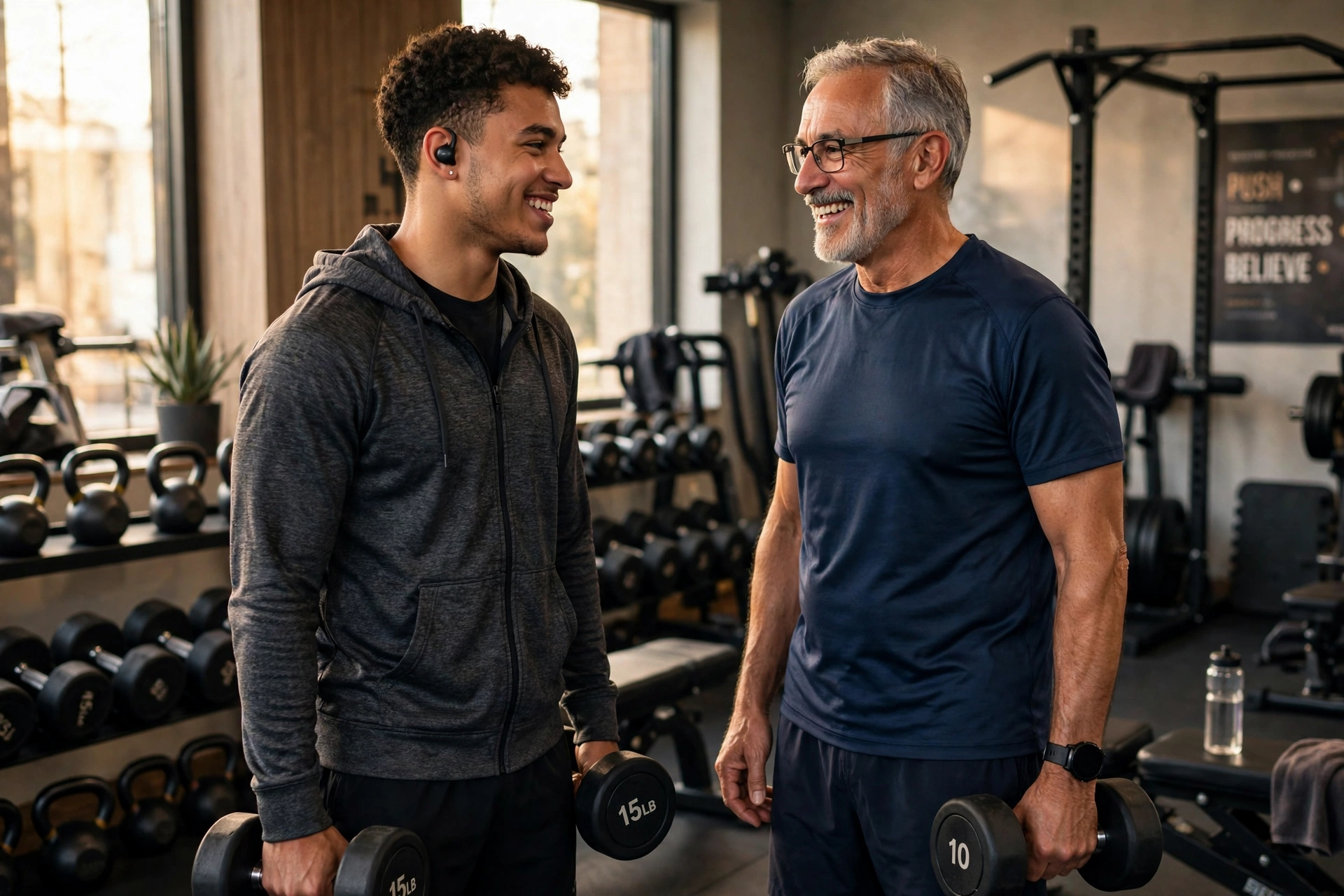 Young male student and senior man working out together at LA Fitness gym